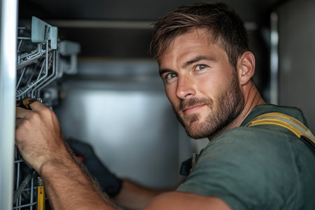 Repairman fixing a broken office printer at a workplace. Shows troubleshooting, clearing jams, replacing cartridges, software diagnosis, and testing.の素材