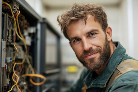 Repairman fixing an office photocopier machine in a modern business center. Shows comprehensive repair: clearing jams, replacing drums/toners, diagnostics, cleaning, calibration, firmware updates, and testing.の素材