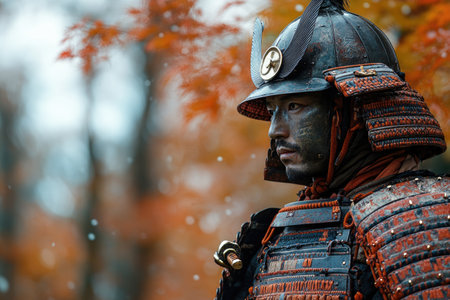 Samurai armor with a focus on intricate fabric patterns, silk embroidery, woven textiles, and family crests integrated into the metal plates, cords, and protective elements.の素材