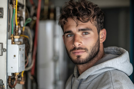 Repairman fixing an office photocopier machine in a modern business center. Shows comprehensive repair: clearing jams, replacing drums/toners, diagnostics, cleaning, calibration, firmware updates, and testing.の素材