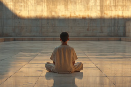 The quiet contemplation of Islamic prayer (salat) in reflective, minimalist, or serene spaces. Focus on solitude, inner peace, and the meditative aspect of the ritual.の素材