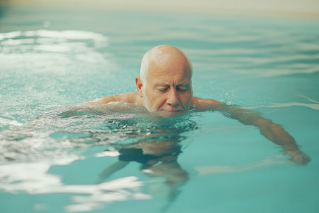 Senior man swimming laps in a pool for fitness, health, and exercise. Shows active aging, determination, and low-impact workout in water.の素材