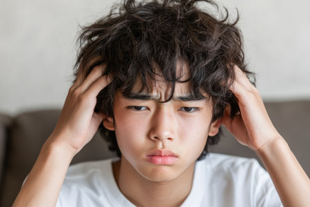 The patient experiences a severe headache after sleep disturbance or fatigue. Young man showing pain, stress, and discomfort at home or in a clinical setting.の素材