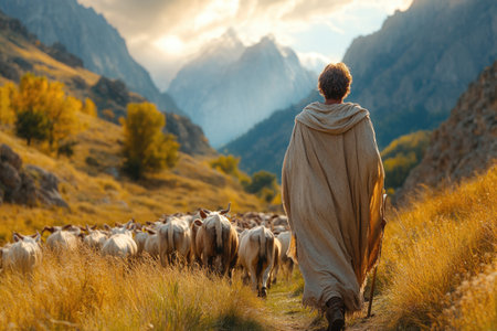 Shepherd actively guiding and leading a flock of sheep through a grassy field or meadow path.の素材