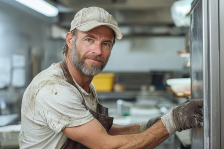 Repairman fixing an office photocopier machine in a modern business center. Shows comprehensive repair: clearing jams, replacing drums/toners, diagnostics, cleaning, calibration, firmware updates, and testing.の素材