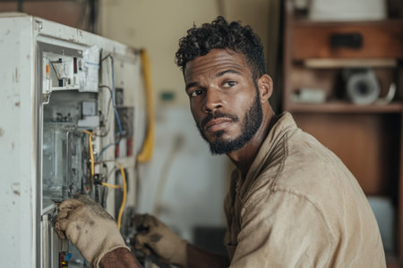 Service technician fixing a malfunctioning refrigerator in a living room or kitchen. Comprehensive repair: diagnostics, compressor, thermostat, seals, defrosting, cleaning coils, refrigerant, and testing all functions.の素材