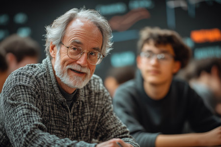 Senior, experienced professor mentoring and advising students in a classroom setting, focusing on guidance, discussion, and personalized teaching.の素材