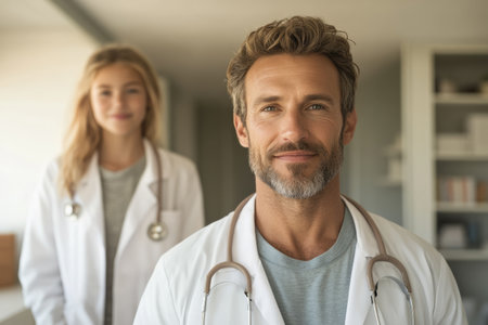 Portrait of smiling male doctor with female patient in background at hospitalの素材