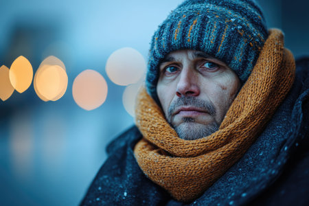 Portrait of an elderly man in a winter hat and scarf.の素材