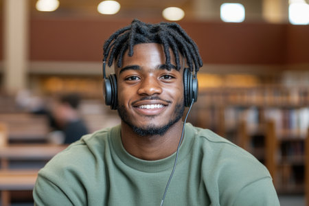 Portrait of smiling african american male student listening to music in libraryの素材