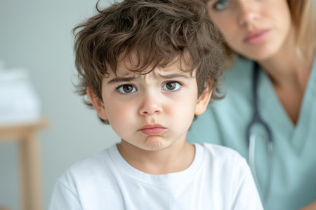 Portrait of cute little boy with stethoscope and doctor in backgroundの素材