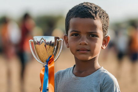 Portrait of a boy holding a trophy on the beach during a competitionの素材