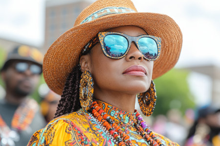 People wearing Emancipation Day themed clothing and accessories to celebrate freedom, heritage, and cultural identity.の素材