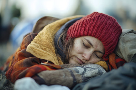 A powerful series showing a homeless woman sleeping on the ground in an urban setting, capturing vulnerability, survival, and the harsh reality of street life.の素材