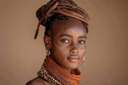 Portraits of a Himba woman adorned with traditional jewelry and intricate body paint, highlighting rich cultural heritage and tribal identity.の素材