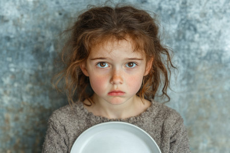 Sad eyes of a hungry person looking at an empty plate, conveying hunger, despair, and urgent need for food.の素材