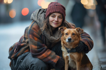 A touching series capturing a homeless woman and her loyal dog on the city sidewalk, portraying their bond, daily life struggles, and urban environment.の素材