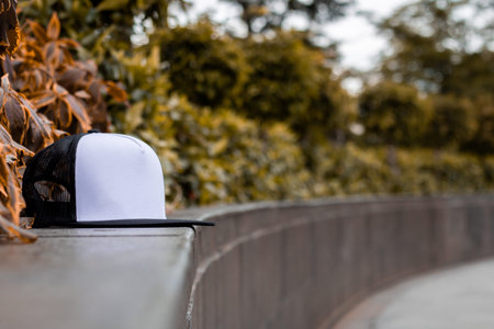 Blank trucker hat cap flat visor with black and white color in outdoor, ready for your mock up...