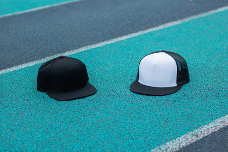 Blank trucker hat and snapback hat cap flat visor with black and white color in outdoor, ready for...