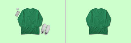 Green long sleeve t shirt top view isolated plain on backgroundの写真素材