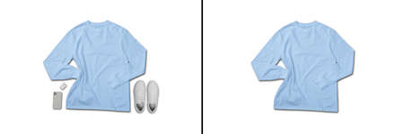 Baby blue long sleeve t-shirt top view with creative flat lay conceptの写真素材