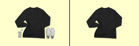 Black long sleeve t shirt top view with creative flat lay conceptの写真素材