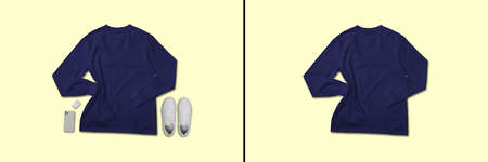 Blue navy long sleeve t shirt top view with creative flat lay conceptの写真素材