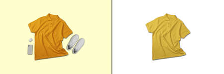 Yellow polo shirt short sleeve top view flat lay concept isolated on plain backgroundの写真素材