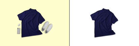 Navy polo shirt short sleeve top view flat lay concept isolated on plain backgroundの写真素材