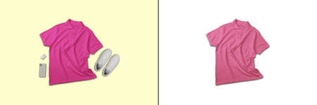 Pink polo shirt short sleeve top view flat lay concept isolated on plain backgroundの写真素材