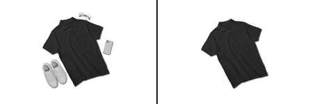 Black polo shirt top view with creative flat lay concept displayの写真素材