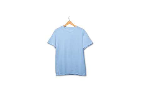 Soft blue t-shirt on wooden hanger floating on plain backgroundの写真素材