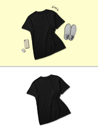 Black t shirt short sleeve with flat lay creative display concept isolated on plain backgroundの写真素材