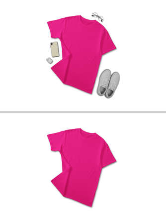 Pink t shirt short sleeve with flat lay creative display concept isolated on plain backgroundの写真素材