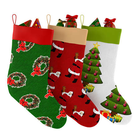 Christmas socks with gifts isolatedの写真素材