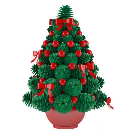 Christmas toy tree made of cones with red toysの写真素材
