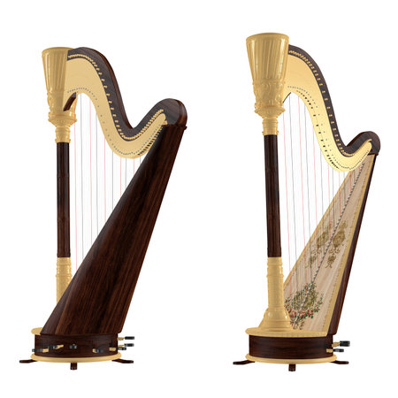 Ancient harp isolated. Two angles of viewの写真素材