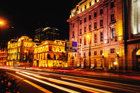 Shanghai bund. Central oldstyle street street at night. Modern architecture.の写真素材