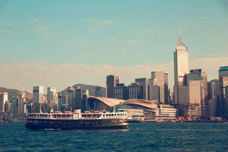 Hong Kong, China - November 28, 2015: City view from the ship on the river