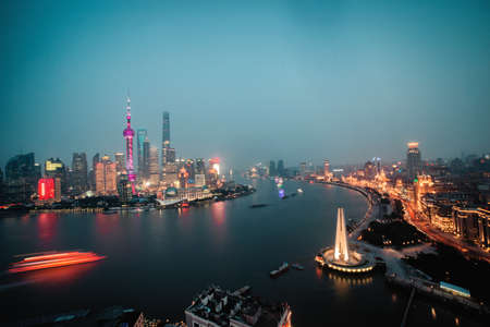 Panorama view of Shanghai city scape at night time.の写真素材