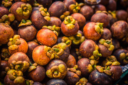 Mangosteen for sale, mangosteen fruit, exotic mangosteen in the market.の写真素材