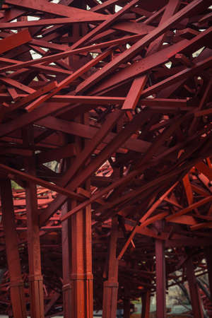 Abstract modern wooden architecture fragment. Red design elements.の写真素材