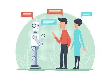 Man and woman greeting and speaking with artificial intelligence android robot vector illustratrion. AI cooperation.のイラスト素材
