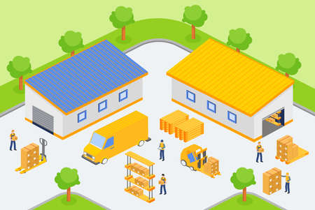 Isometric workers loading and unloading vehicles in yard of warehouse companyのイラスト素材