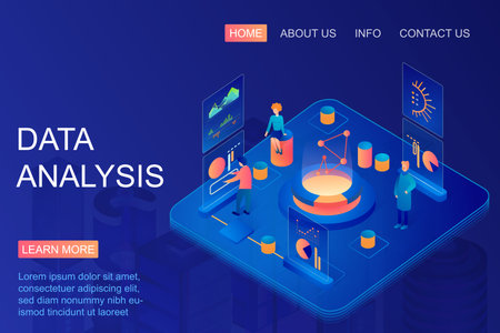 Isometric people working with graphs using data analysis. Web analytics and marketing metrics service. Big data, business and financial research. Database, data storage landing page.のイラスト素材
