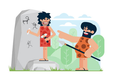 Prehistoric man with spear laughing and pointing at annoyed artist carving petroglyphs on rock. Scoff at intelligent individuals cartoon flat vector illustration.のイラスト素材