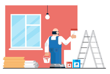 Hired man in uniform painting walls during renovation in modern apartment. Home or website repairing concept vector illustration.のイラスト素材