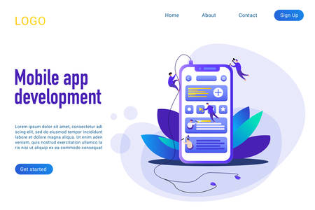 Mobile app development landing page isometric vector template. Phone application build 3d concept. Coding and programming. Smartphone webpage interface building process website homepage layoutのイラスト素材