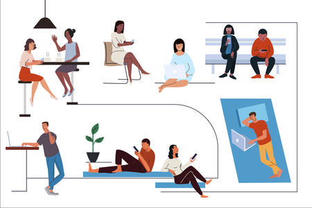 People using different gadgets flat illustrations setのイラスト素材