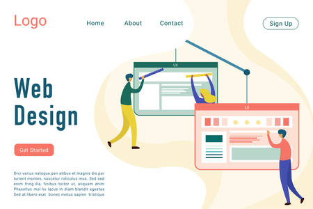 Web design vector flat landing page template. UI, UX website homepage interface layout. User experience. Coding, analytics, content management. Usability web banner, webpage conceptのイラスト素材